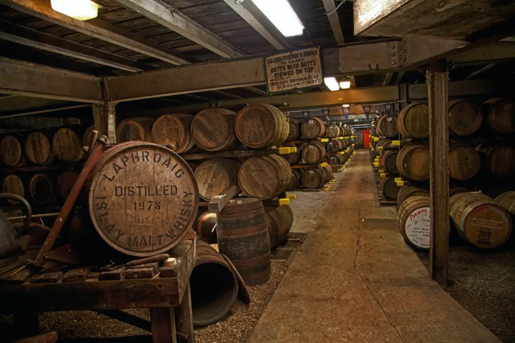 whisky barrels at laphroaig whisky distillery